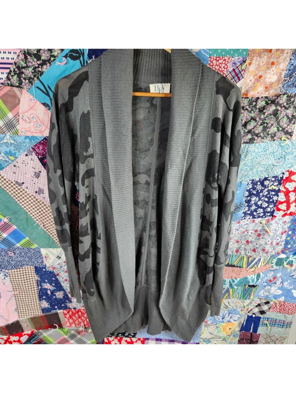 REV Gray Camo Open Front Cardigan Duster Lightweight Long Sweater